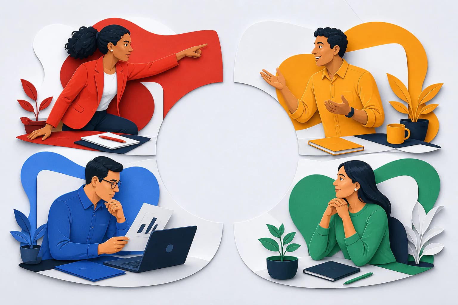 Quatro perfis comportamentais organizados ao redor do círculo DISC